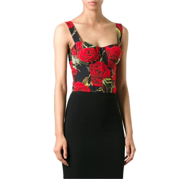 NWT Dolce & Gabbana Rose floral-print bodysuit Top Red Black IT 36 US XS - Picture 1 of 10